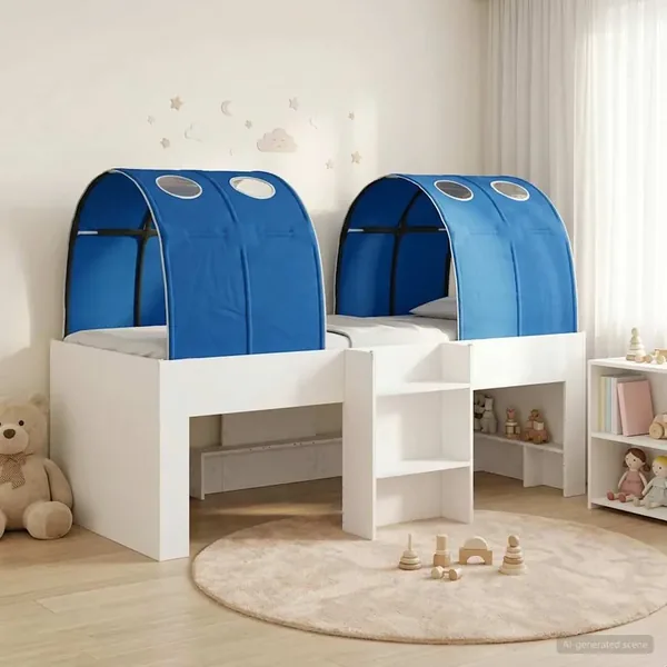 Lit avec Tunnel 3 pc Blanc et bleu Bois d'ingénierie