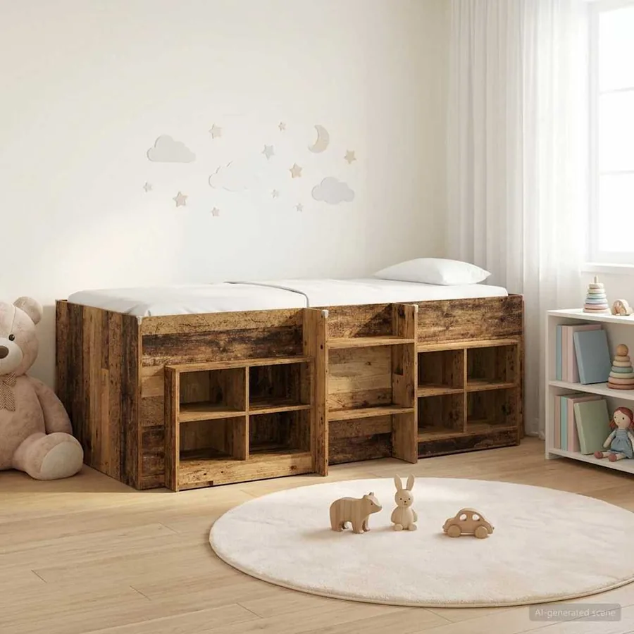 Cadre de lit en loft avec armoire avec étagère 3 pc Bois ancien