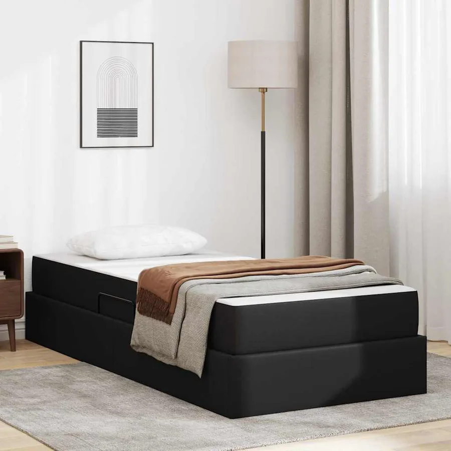 Lit avec rangement et matelas avec matelas 2 pcs Noir Cuir