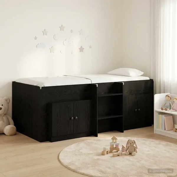 Cadre de lit en loft avec armoire 3 pc Noir Bois d'ingénierie