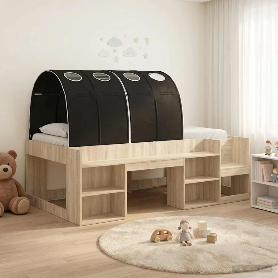 Cadre de lit avec tunnel avec étagère 3 pc Chêne Sonoma et noir