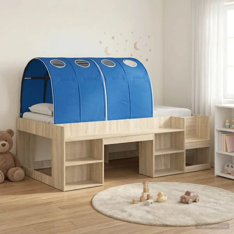 Cadre de lit avec tunnel avec étagère 3 pc Chêne Sonoma et bleu