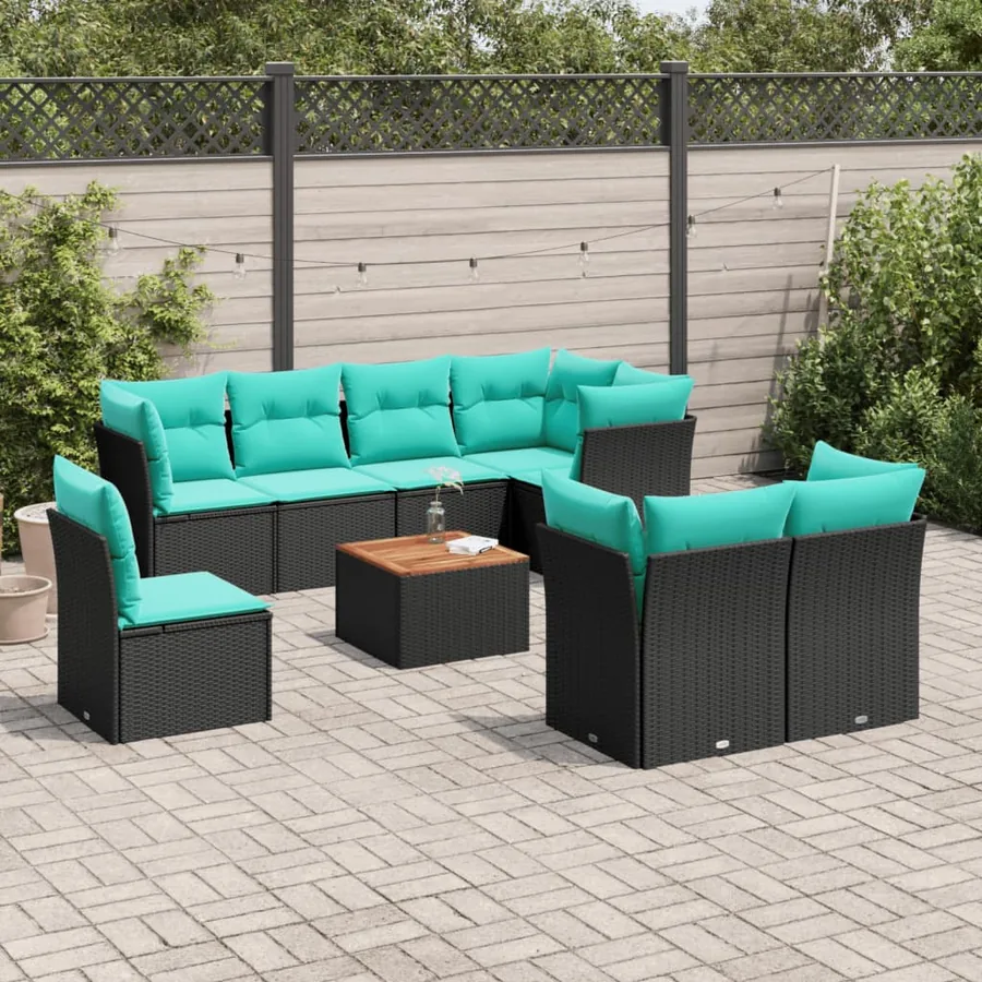Salon de jardin 9 pcs avec coussins noir résine tressée