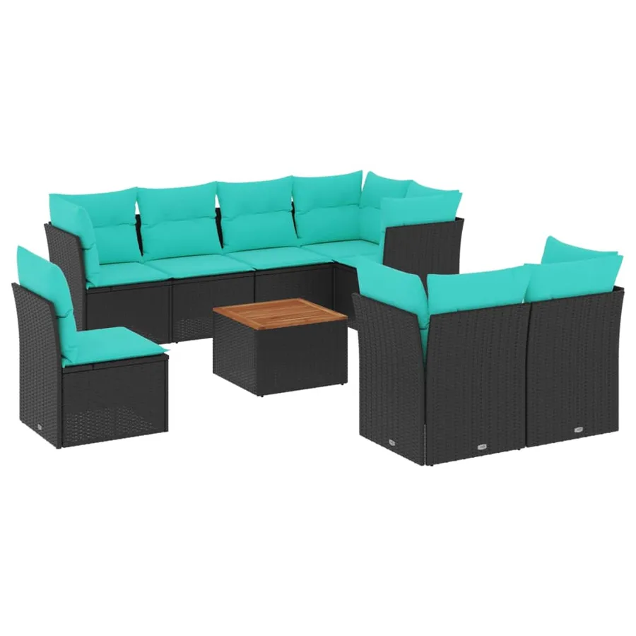 Salon de jardin 9 pcs avec coussins noir résine tressée - 2