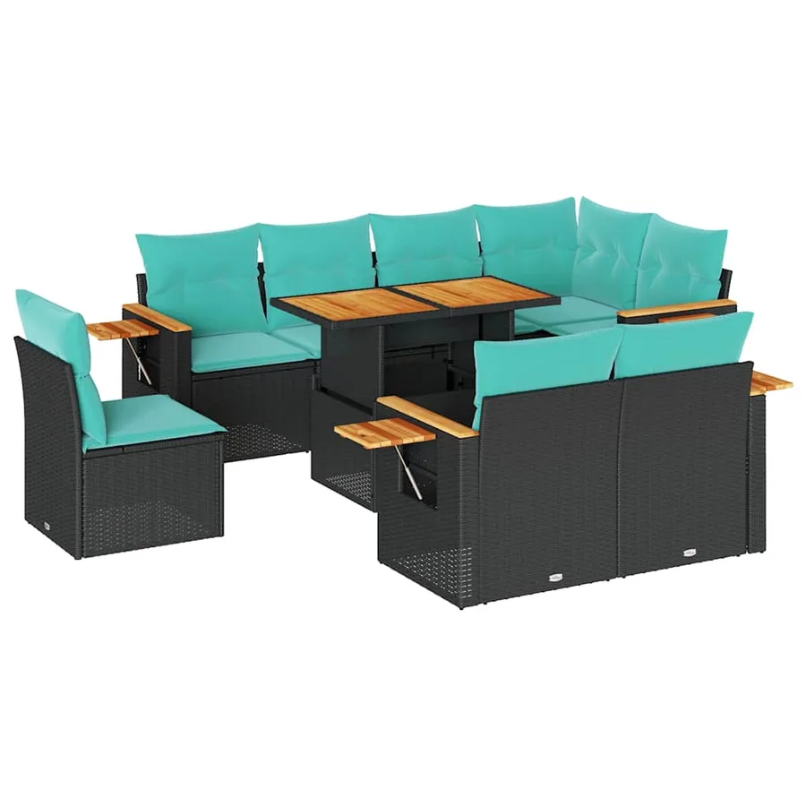 Salon de jardin avec coussins 9 pcs noir résine tressée acacia - 2