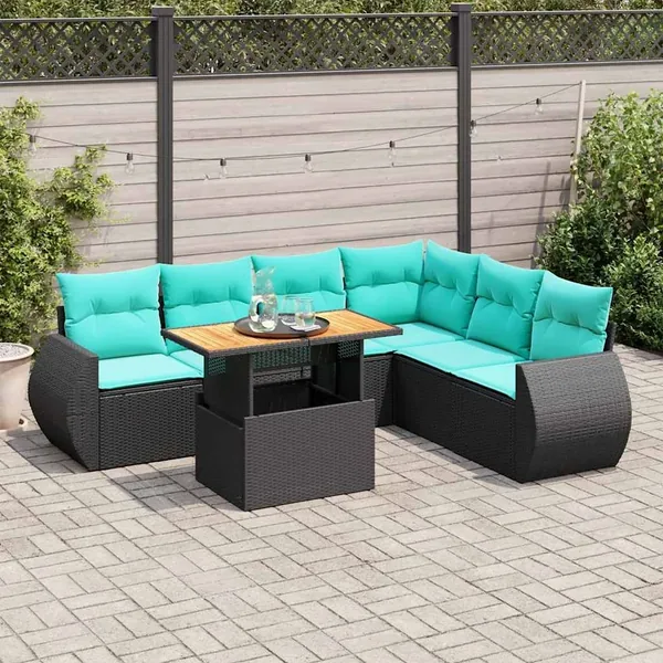 Salon de jardin 7 pcs avec coussins noir résine tressée 55 x 62 x 69 cm - 65,6 kg