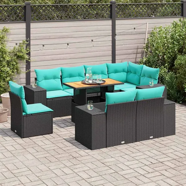 Salon de jardin 9 pcs avec coussins noir résine tressée