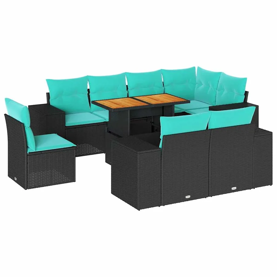 Salon de jardin 9 pcs avec coussins noir résine tressée - 2