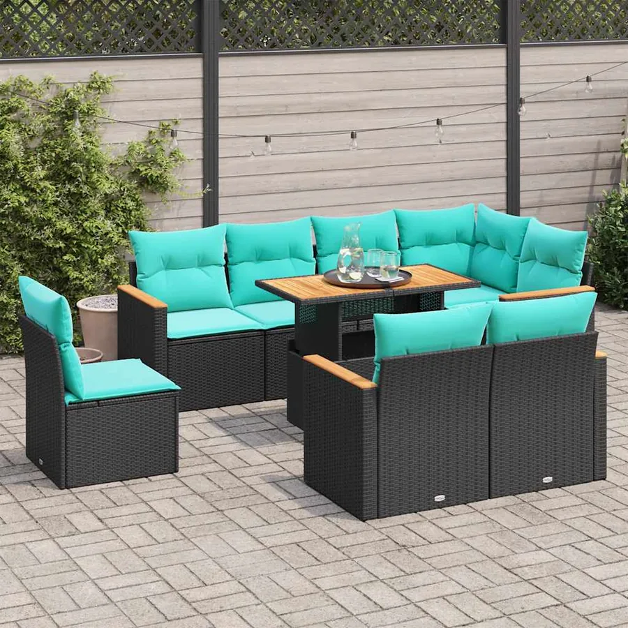 Salon de jardin 9 pcs avec coussins noir résine tressée