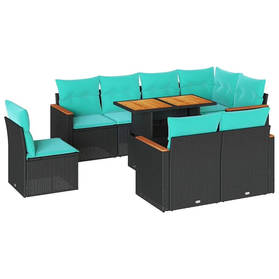Salon de jardin 9 pcs avec coussins noir résine tressée - 2