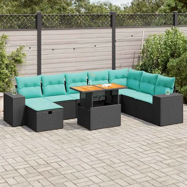 Salon de jardin avec coussins 9 pcs noir résine tressée acacia