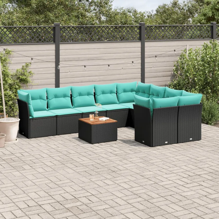 Salon de jardin 10 pcs avec coussins noir résine tressée