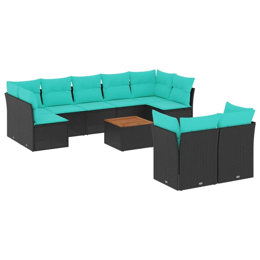 Salon de jardin 10 pcs avec coussins noir résine tressée - 2