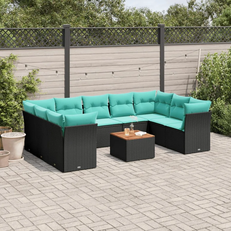 Salon de jardin 10 pcs avec coussins noir résine tressée