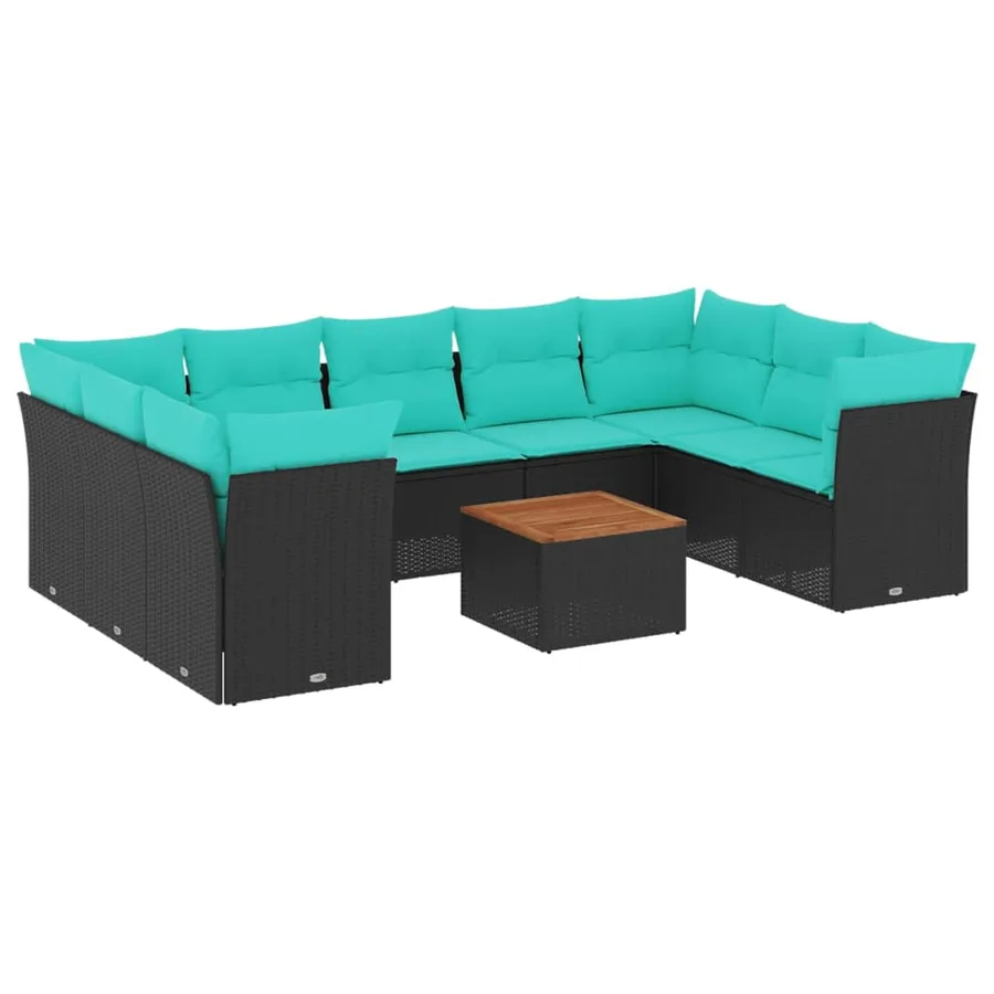 Salon de jardin 10 pcs avec coussins noir résine tressée - 2