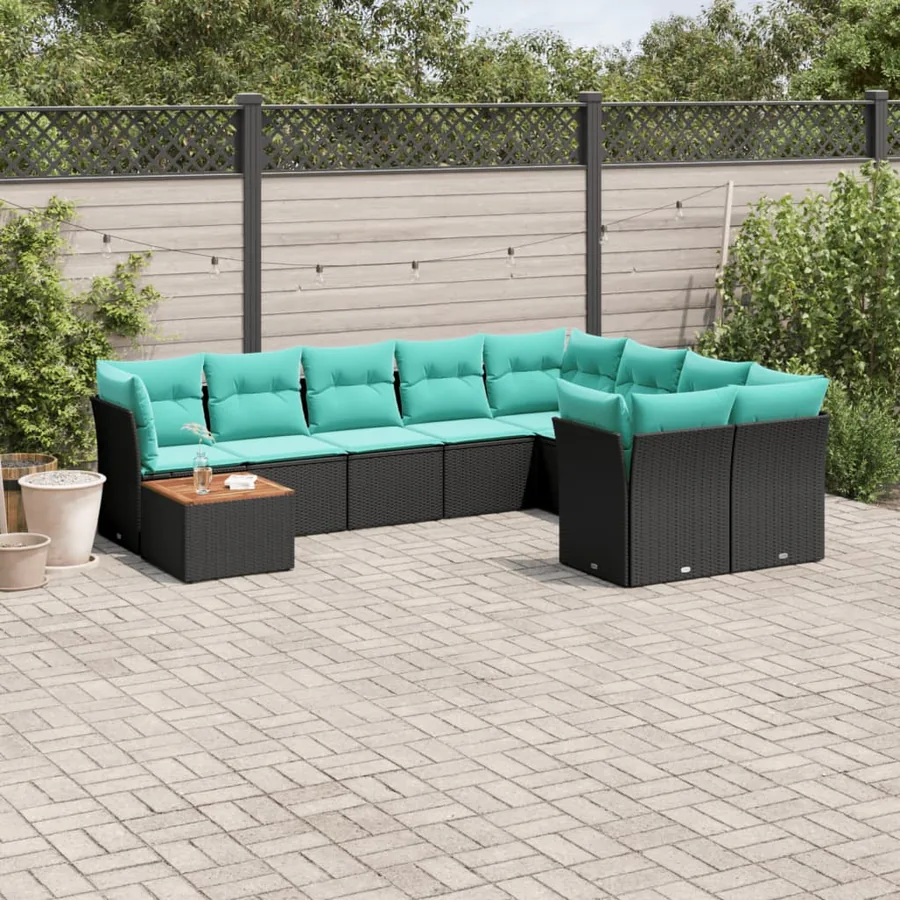 Salon de jardin 10 pcs avec coussins noir résine tressée