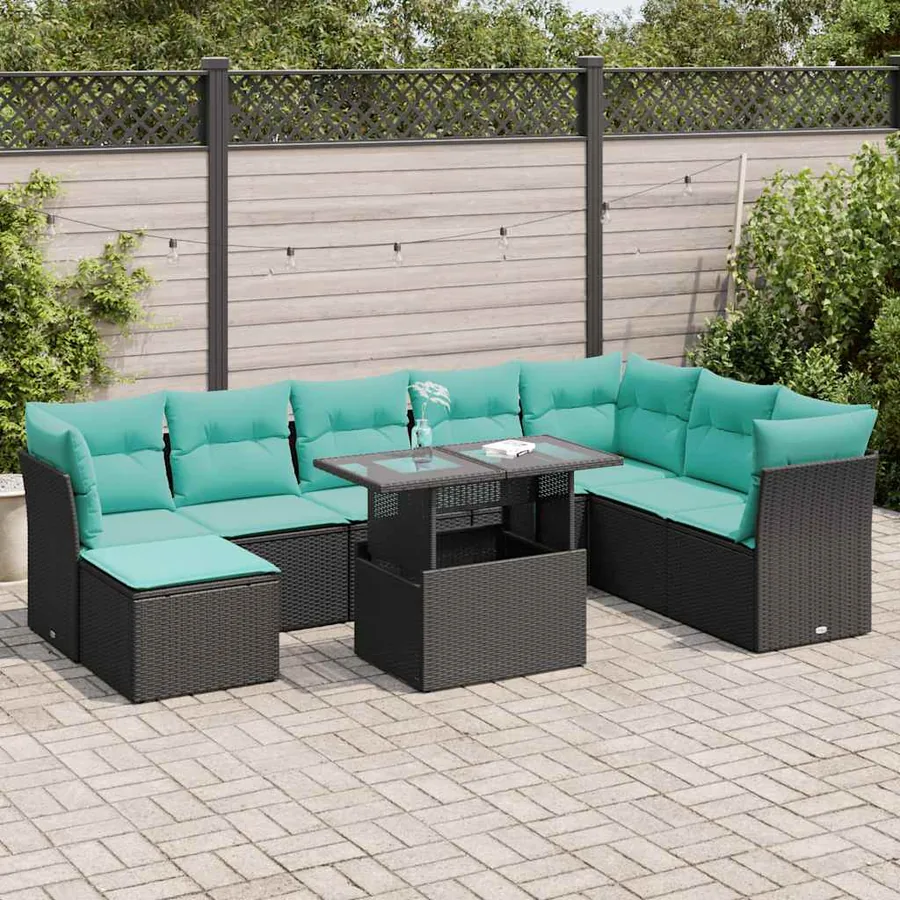 Salon de jardin avec coussins 9 pcs noir résine tressée acacia
