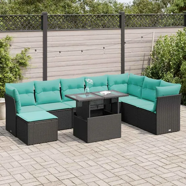 Salon de jardin avec coussins 9 pcs noir résine tressée acacia