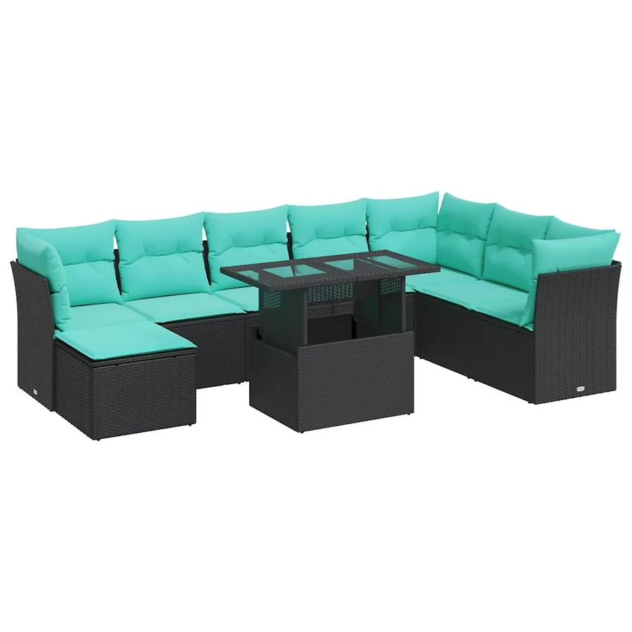 Salon de jardin avec coussins 9 pcs noir résine tressée acacia - 2