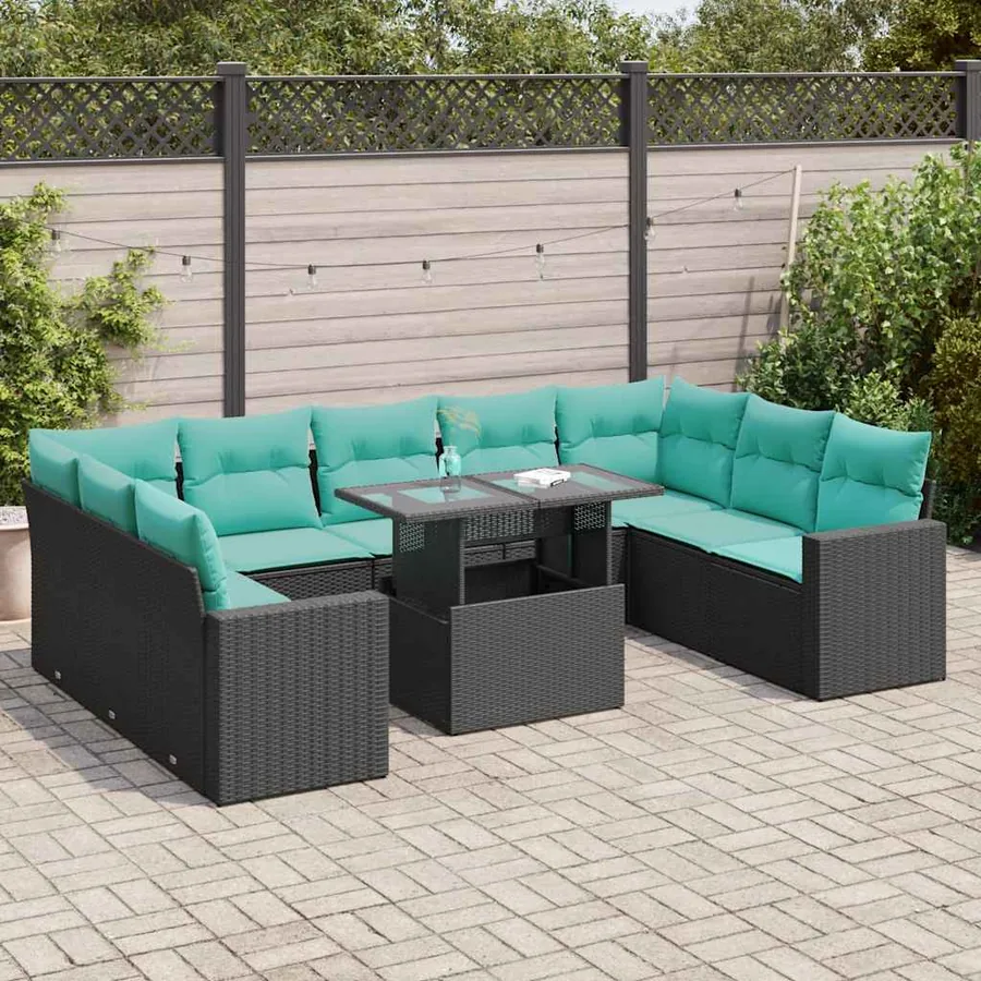 Salon de jardin 10 pcs avec coussins noir résine tressée acacia