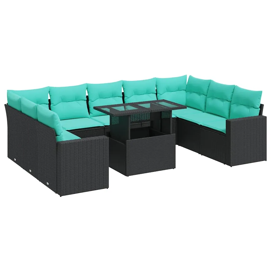 Salon de jardin 10 pcs avec coussins noir résine tressée acacia - 2
