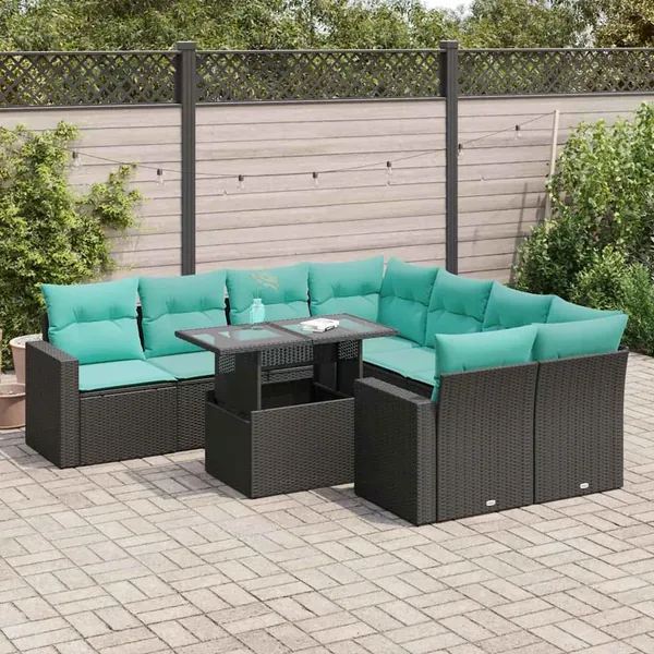 Salon de jardin avec coussins 9 pcs noir résine tressée acacia