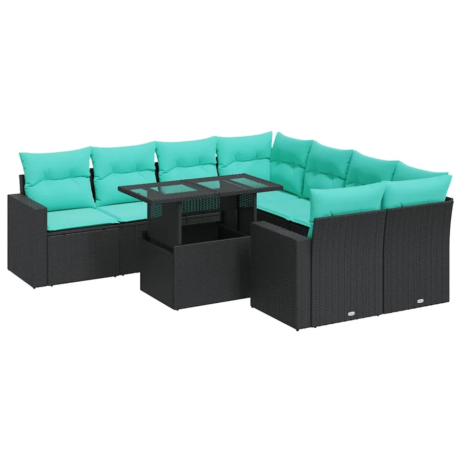 Salon de jardin avec coussins 9 pcs noir résine tressée acacia - 2