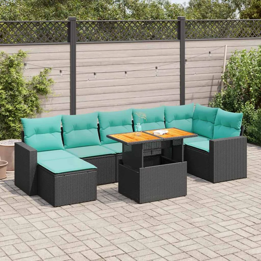 Salon de jardin 8 pcs avec coussins noir résine tressée
