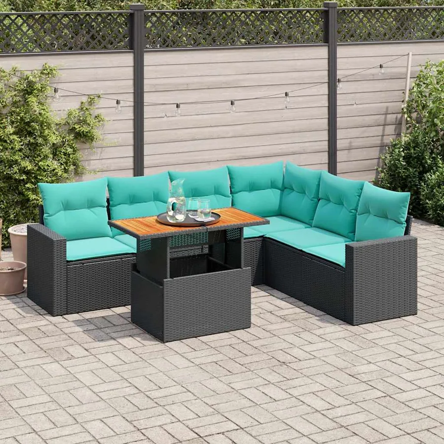 Salon de jardin 7 pcs avec coussins noir résine tressée 55 x 62 x 69 cm - 64,6 kg
