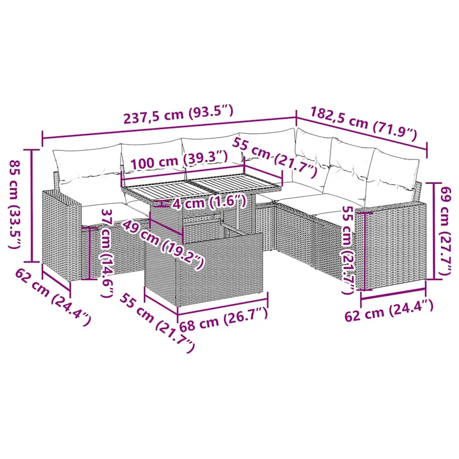 Salon de jardin 7 pcs avec coussins noir résine tressée 55 x 62 x 69 cm - 64,6 kg - 15