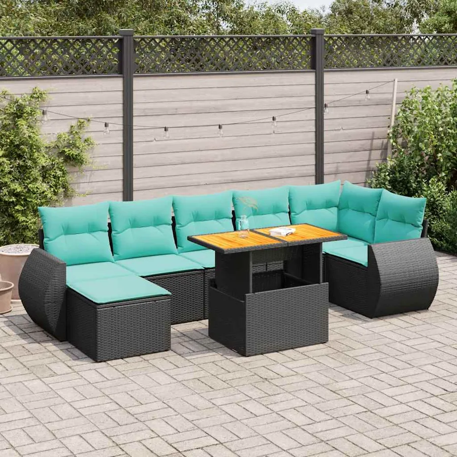 Salon de jardin 8 pcs avec coussins noir résine tressée