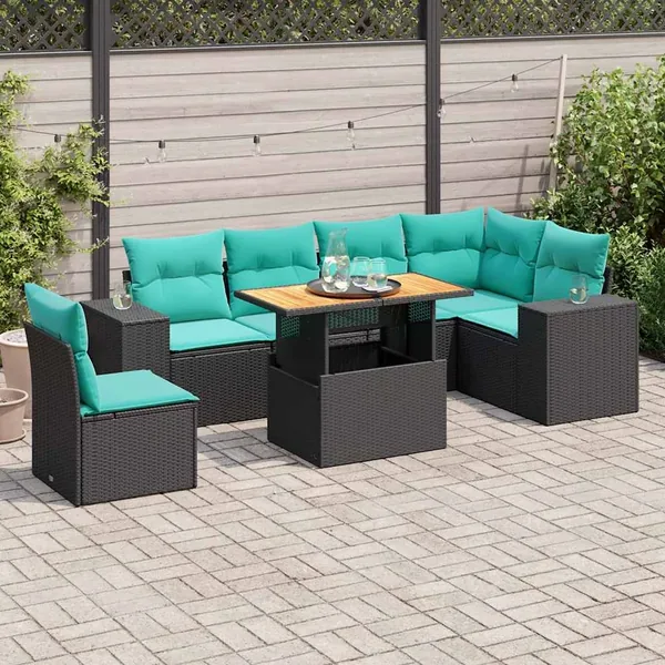 Salon de jardin 7 pcs avec coussins noir résine tressée 55 x 62 x 69 cm - 68,2 kg