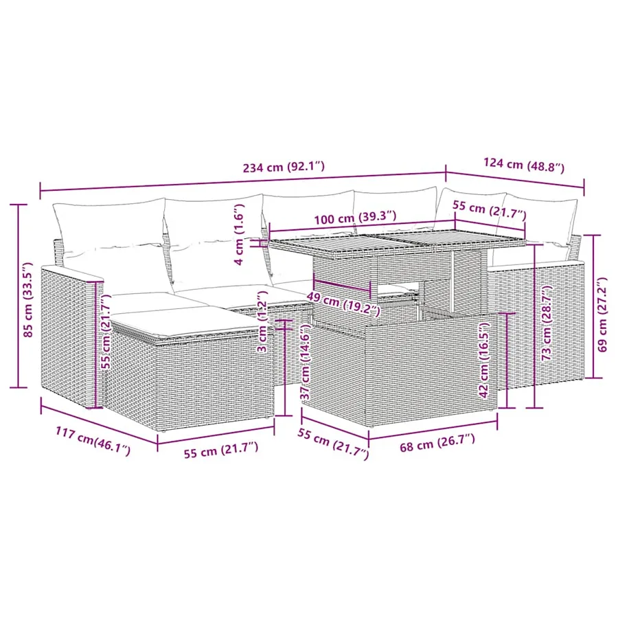 Salon de jardin 7 pcs avec coussins noir résine tressée 55 x 62 x 69 cm - 63,6 kg - 16