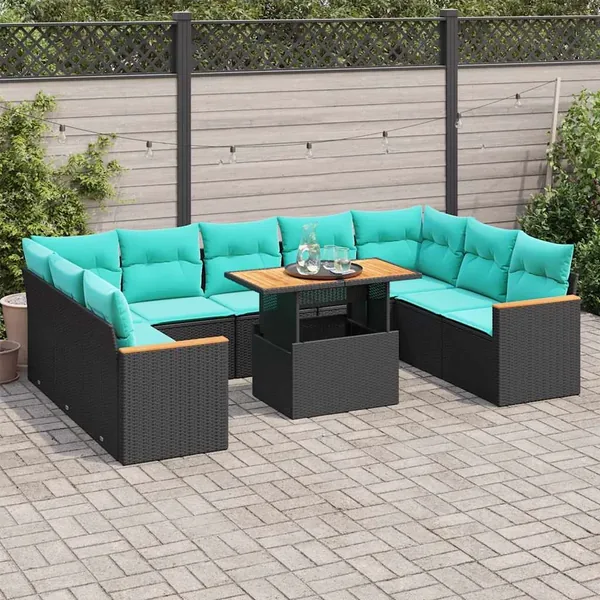 Salon de jardin 10 pcs avec coussins noir résine tressée