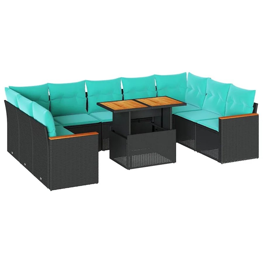 Salon de jardin 10 pcs avec coussins noir résine tressée - 2