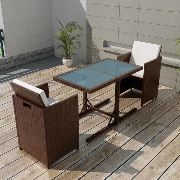 Ensemble de bistro 3 pcs et coussins résine tressée marron