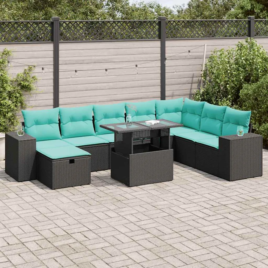 Salon de jardin avec coussins 9 pcs gris résine tressée acacia