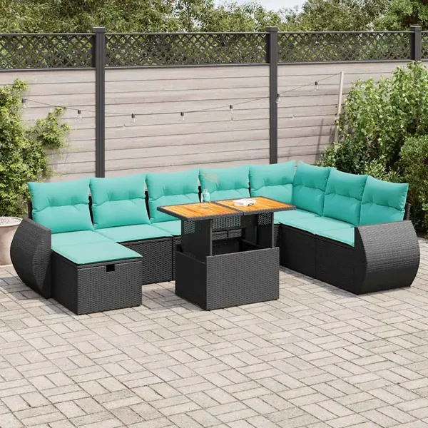Salon de jardin avec coussins 9pcs marron résine tressée acacia