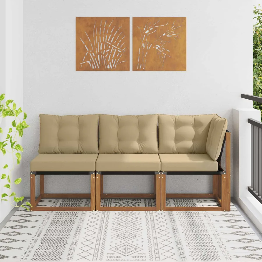Canapé d’extérieur milieu et coin avec coussin 3 Pièce Naturel