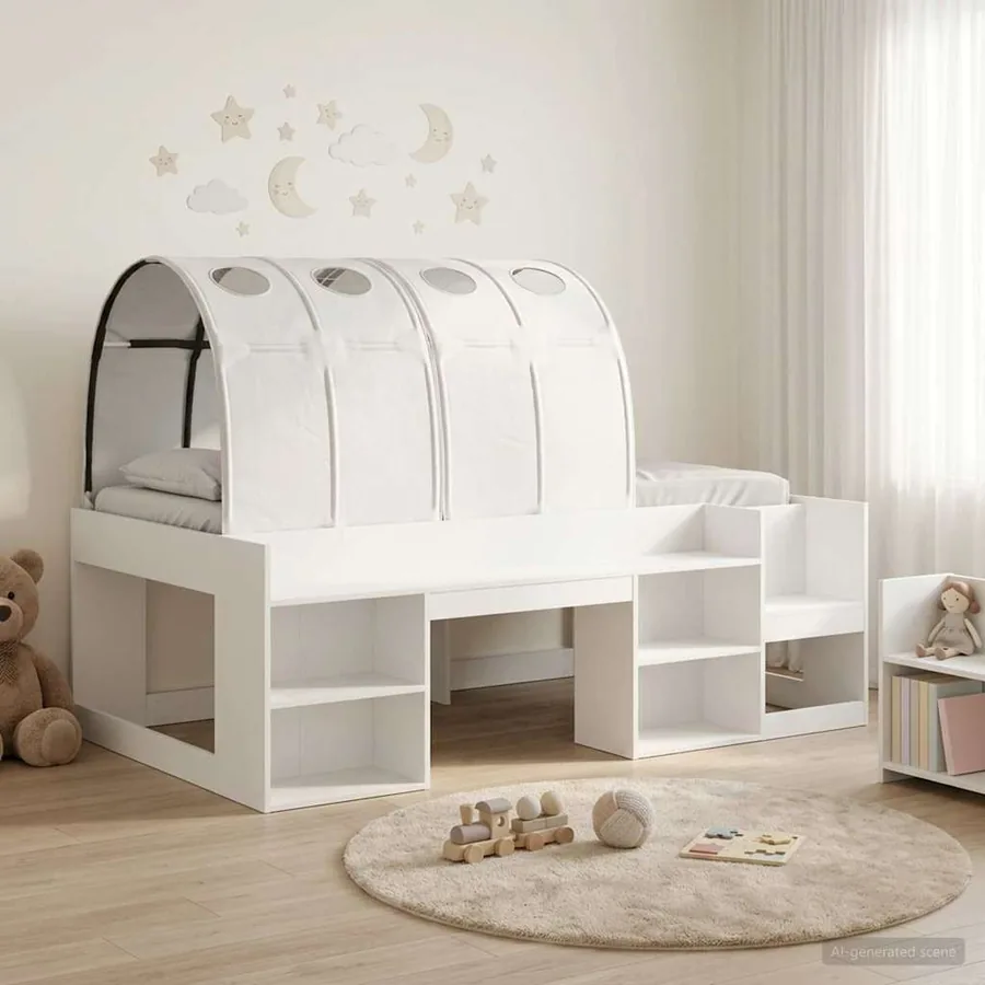 Cadre de lit avec tunnel 3 pc Blanc Bois d'ingénierie