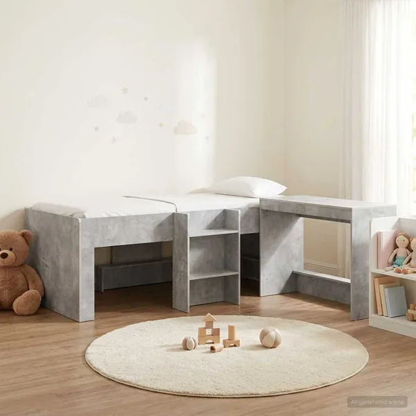 Lit haut pour enfants avec bureau 2 pc Gris béton