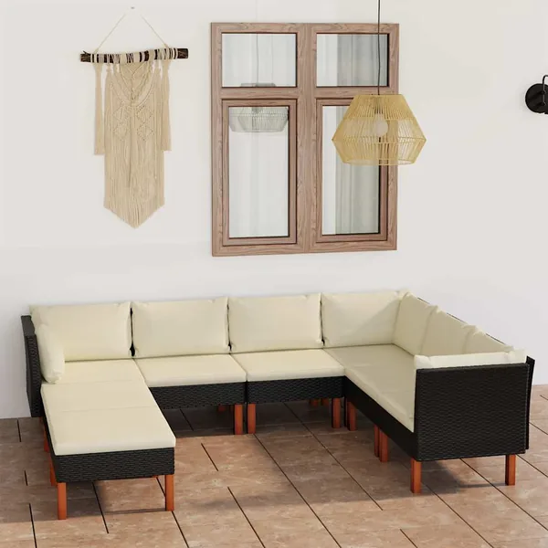 Salon de jardin 8 pcs avec coussins Résine tressée Noir