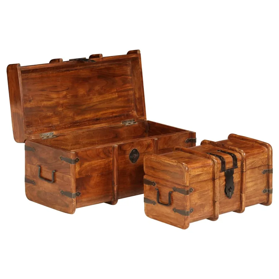 Coffre de rangement 2 pcs Bois d'acacia solide et finition miel - 7