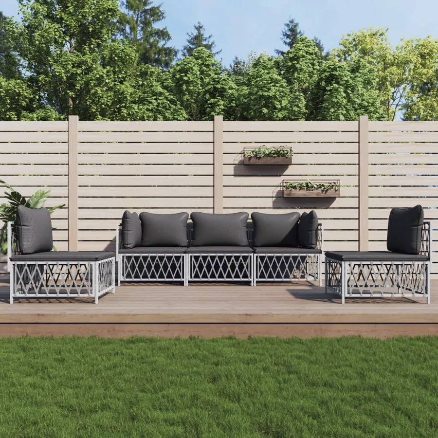 Salon de jardin avec coussins 5 pcs blanc acier