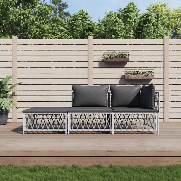 Salon de jardin avec coussins 3 pcs blanc acier