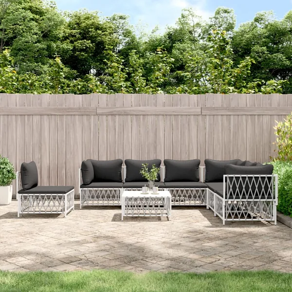 Salon de jardin 8 pcs avec coussins blanc acier