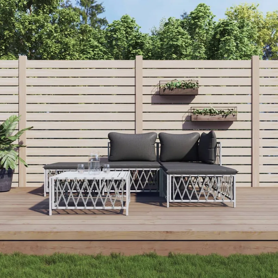 Salon de jardin avec coussins 5 pcs blanc acier