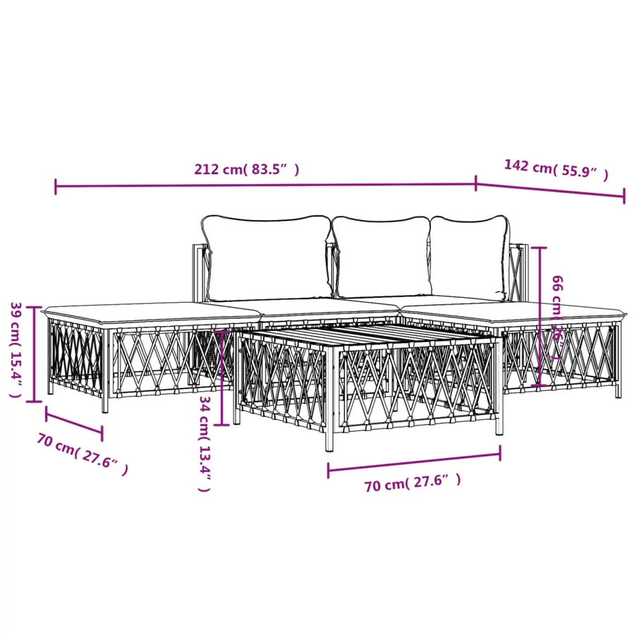 Salon de jardin avec coussins 5 pcs blanc acier - 10