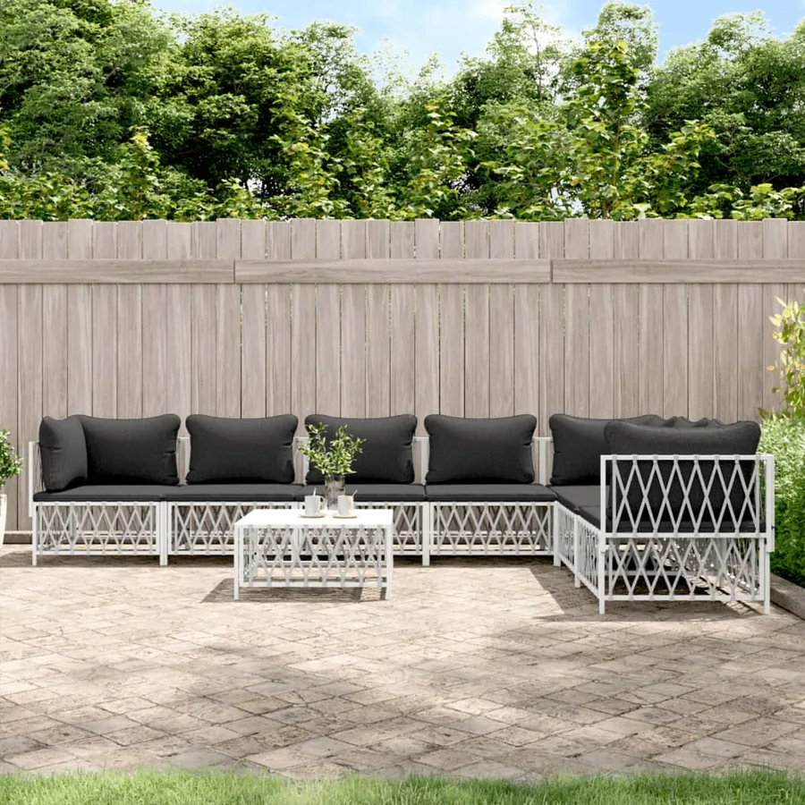 Salon de jardin 8 pcs avec coussins blanc acier