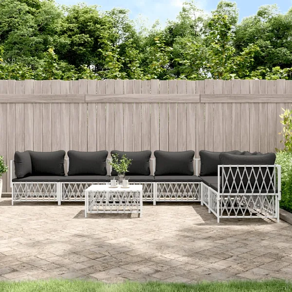 Salon de jardin 8 pcs avec coussins blanc acier